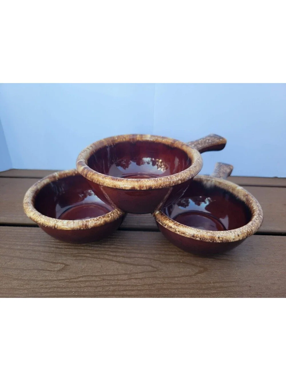 Hull Brown Stoneware Soup Bowls Set Of 3 Oven Proof USA Vintage Retro Kitchen